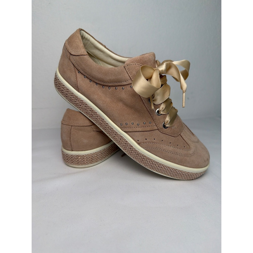 Geox Respira ‎ Taupe Suede Satin Ribbon Lace Studded Sneakers Womens 9 39